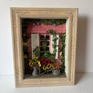 Vintage Shadowbox Diorama Pink Cottage Garden Flowers Floral Vines French 14x11